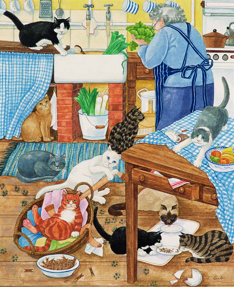 Grandma and 10 cats in the kitchen de Linda  Benton