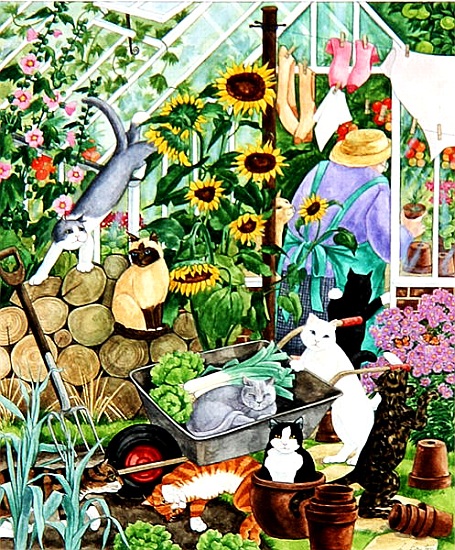 Grandma and 10 cats in the greenhouse de Linda  Benton