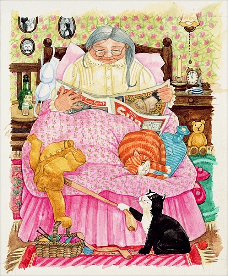 Grandma and 2 cats and a pink bed de Linda  Benton