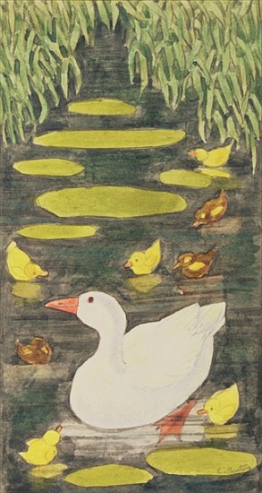 Mother Duck in the pond with her ducklings de Linda  Benton