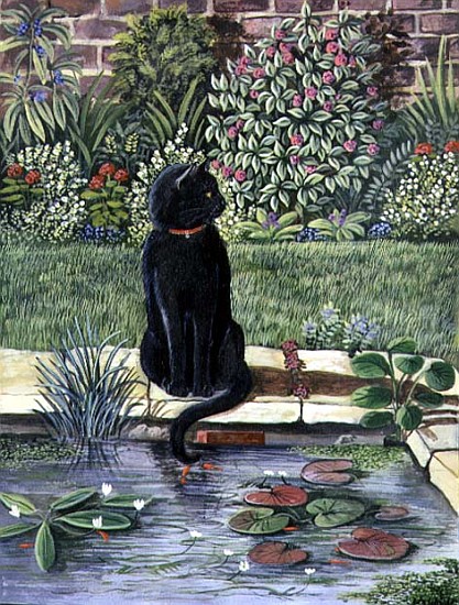 Black cat by a pond, 1983 (gouache)  de Liz  Wright