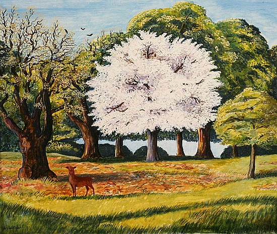 Cherry Blossom and Deer, 1995 (acrylic on paper)  de Liz  Wright