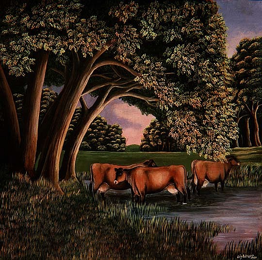 Cows in a River, 1980  de Liz  Wright