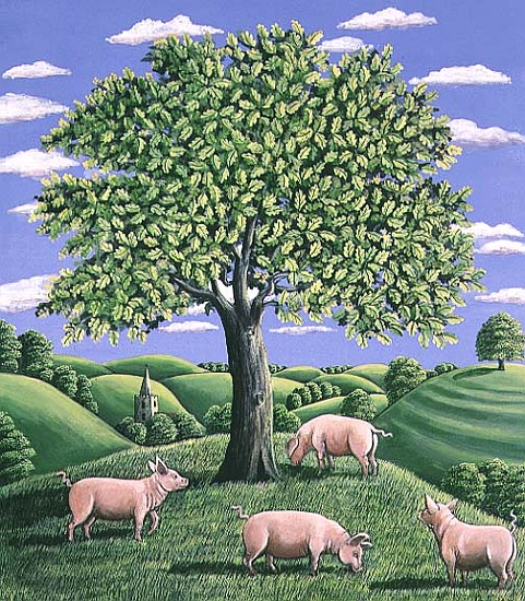 Pigs under an oak tree, 1985 (gouache)  de Liz  Wright