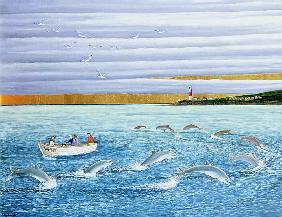 Dolphins Playing, 2004 (oil on canvas) 