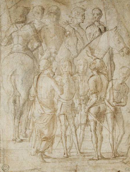 Group of Horsemen and Men Standing (pen & ink and wash on paper) de Lorenzo Costa