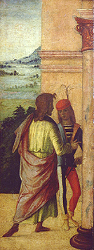 Zwei Männer, an einer Säule stehend de Lorenzo Costa