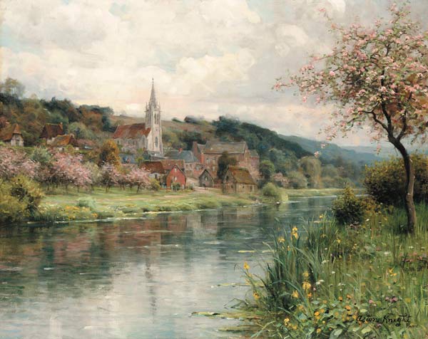 View of a village at a river de Louis Aston Knight