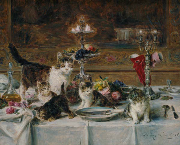 Kittens at a banquet de Louis Eugene Lambert