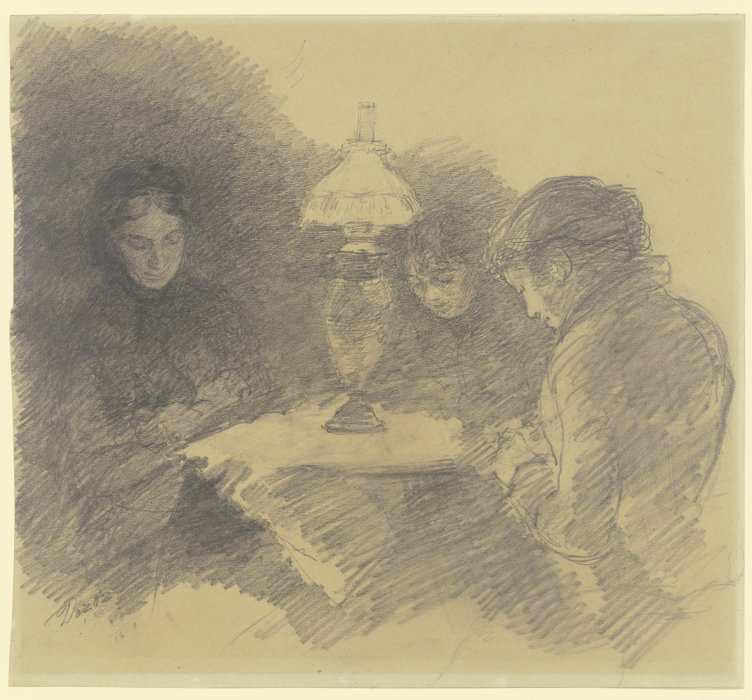 Drei Frauen unter einer Tischlampe de Louis Eysen
