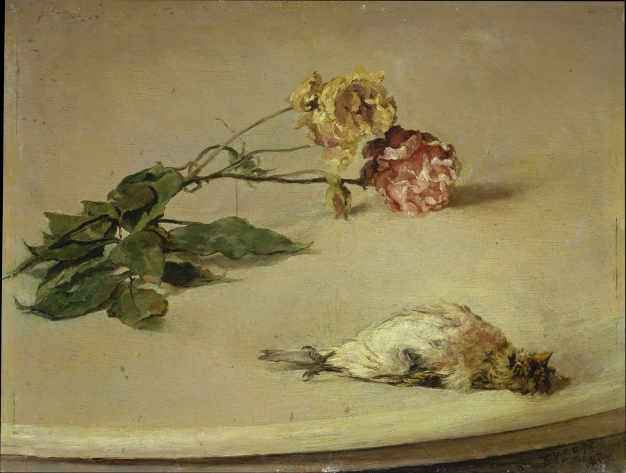 Dead Bird and Two Roses on a Table Board de Louis Eysen