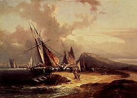 Unloading a sailing ship. de Louis Gabriel Eugène Isabey