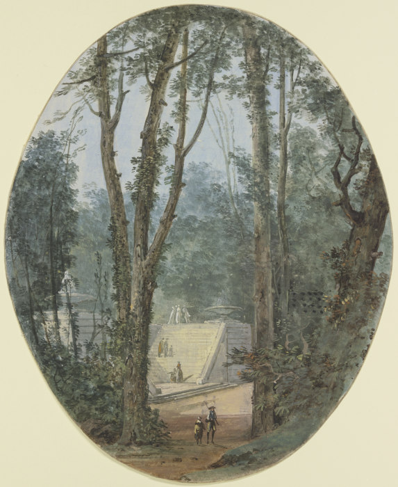 Parklandschaft mit hohen Bäumen und dem Blick auf einen Treppenanstieg im Mittelgrund de Louis Gabriel Moreau