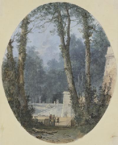 Park Landscape with Tall Trees and Stone Ramp in Mid-Field