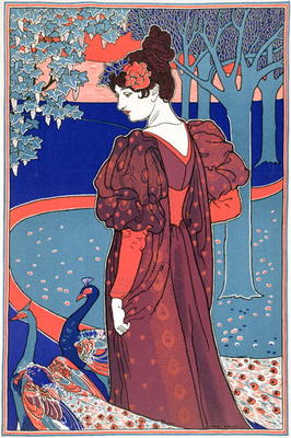 Woman with Peacocks, from 'L'Estampe Moderne', published Paris 1897-99 (colour litho) de Louis John Rhead