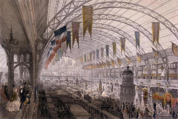 Interior view of the Palais de l'Industrie at the Exposition Universelle in 1855 (colour litho) de Louis Jules Arnout