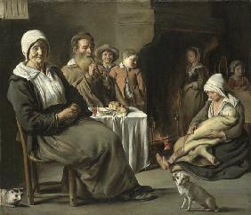 Peasant Interior with an Old Flute Player