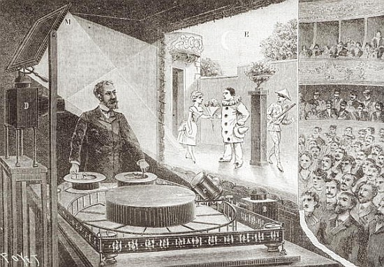 The ''Theatre Optique'' and its inventor Emile Reynaud (1844-1918) with a scene from ''Pauvre Pierro de Louis Poyet
