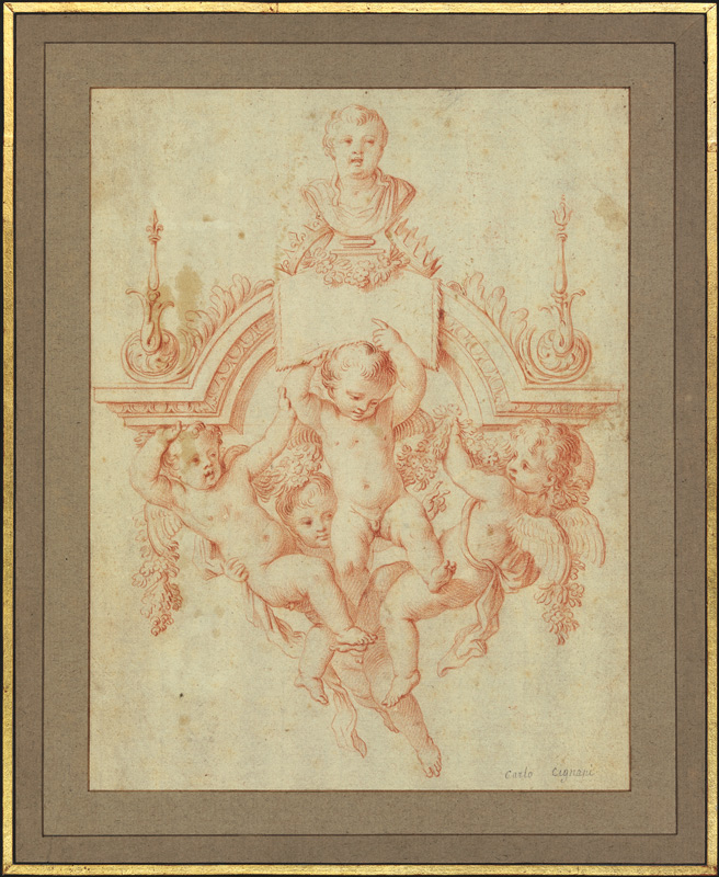 Vier Amoretten tragen ein Gesims mit einer Büste de Louis Testelin