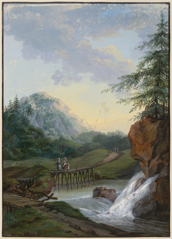 Landschaft mit einem Wasserfall und einem Steg, auf dem zwei Frauen und ein Kind gehen de Louise van Panhuys