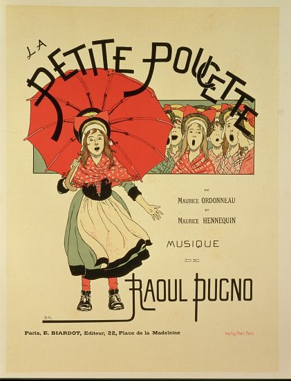 Reproduction of a poster advertising the operetta 'La Petite Poucette' de Louis Maurice Boutet de Monvel
