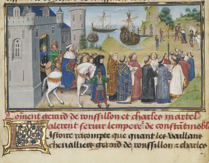 The Byzantine Emperor Welcoming Roussillon and Martel de Loyset Liédet