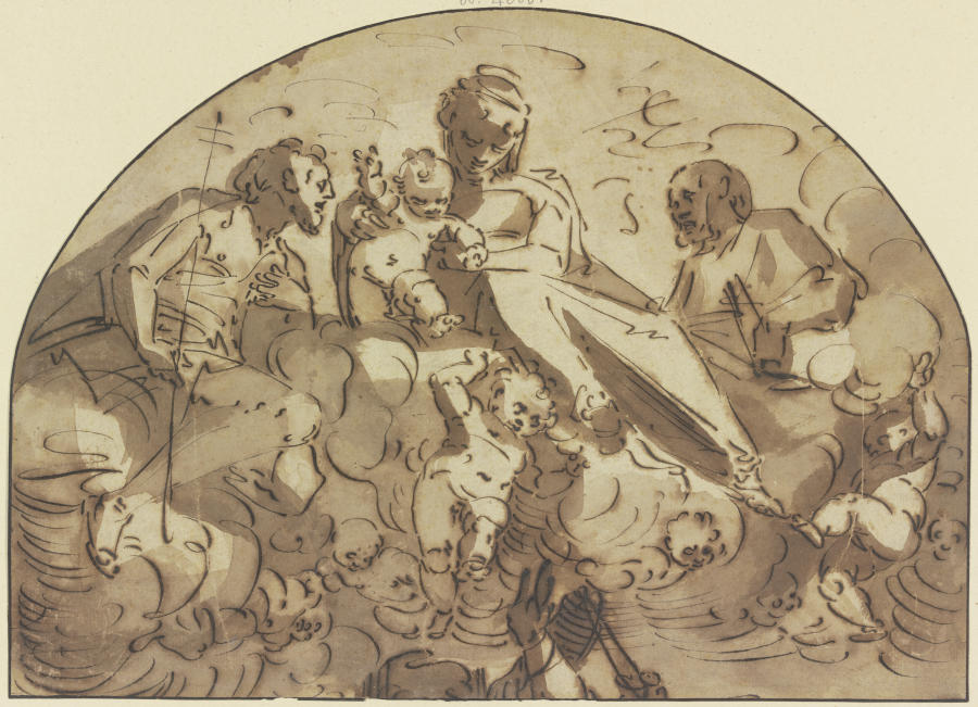 Madonna auf Wolken von Engeln getragen zwischen zwei Heiligen de Luca Cambiaso