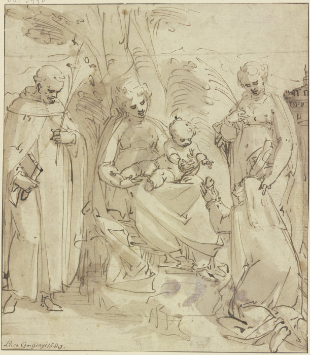 Madonna unter einem Baum zwischen zwei Heiligen, eine kniende Nonne hält dem Jesuskind ein Herz entg de Luca Cambiaso