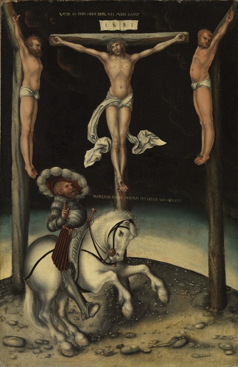 The centurion Longinus among the crosses of Christ and the two thieves de Lucas Cranach el Viejo