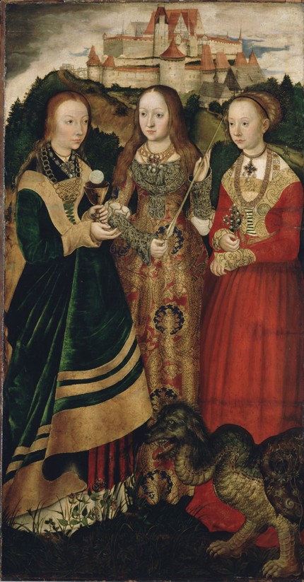 Altarpiece with the Martyrdom of Saint Catharine, right wing: The Saint Barbara, Ursula and Margaret de Lucas Cranach el Viejo