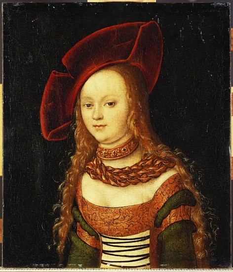 Portrait of a young girl, half length, wearing a green and gold costume with a red hat de Lucas Cranach el Viejo