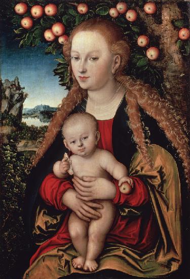 Madonna con niño bajo el manzanero