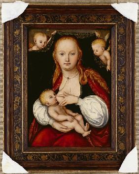 The Virgin and Child, three-quarter length, with putti holding up a curtain behind (oil on limewood 