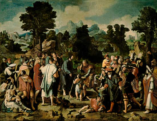 The cure of the blind man of Jericho. de Lucas van Leyden