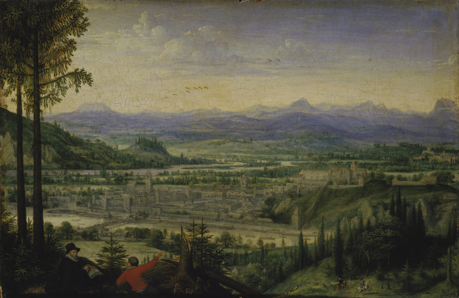 View of Linz with Artist Drawing in the Foreground de Lucas van Valckenborch