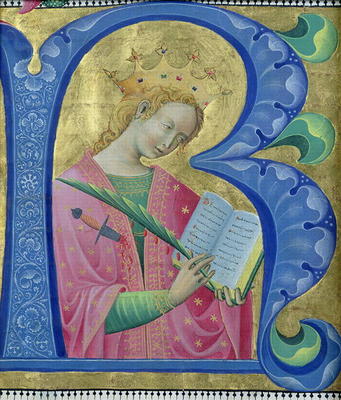 Illuminated initial 'R' depicting St. Catherine of Alexandria, Lombardy School (vellum) de Luchino Belbello