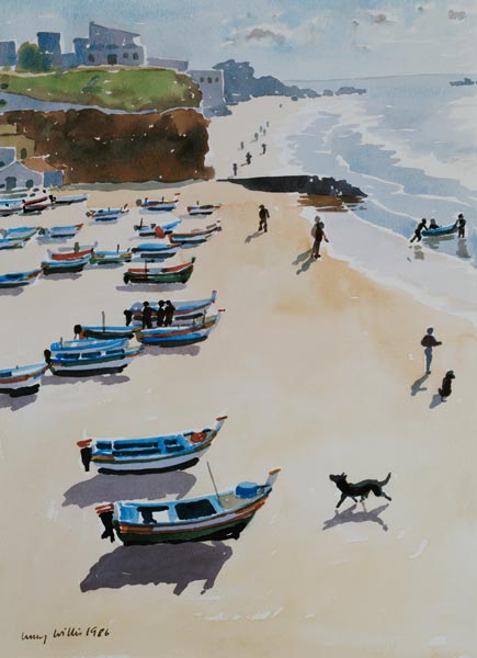 Barcos en la playa, 1986  (acuarela sobre papel)  de Lucy Willis