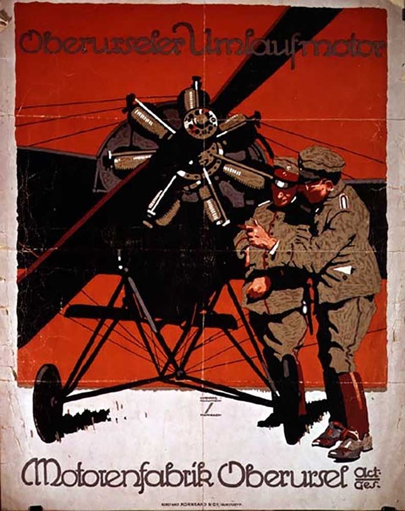 Poster advertising the Oberurseler Umlaufmotor aircraft engine, 1914 de Ludwig Hohlwein