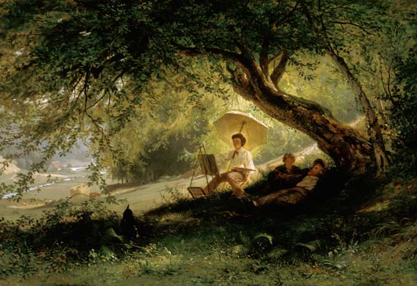 Painter at the edge of the forest with look into a de Ludwig Hugo Becker