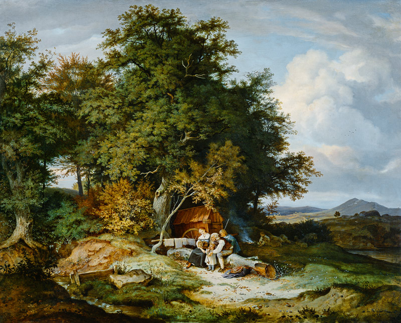 Bosque en otoño con la familia pastora de Ludwig Richter