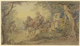 Zug italienischer Landleute, eine Frau mit zwei Kindern auf einem Esel reitend, den ein alter Mann f