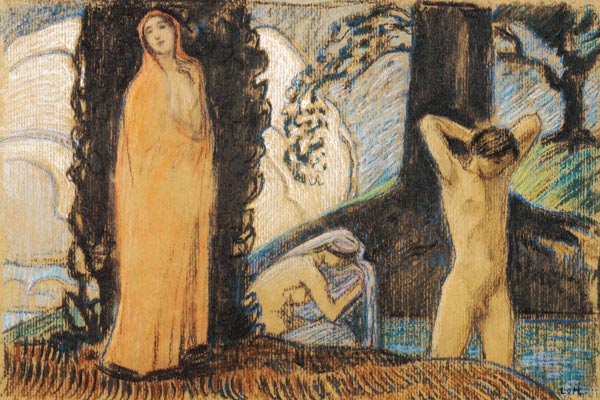 Dekorative Skizze mit zwei Frauen und einem Jüngling de Ludwig von Hofmann
