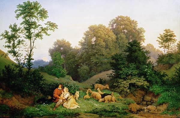 Shepherd and Shepherdess in a German landscape de Ludwig Adrian Richter
