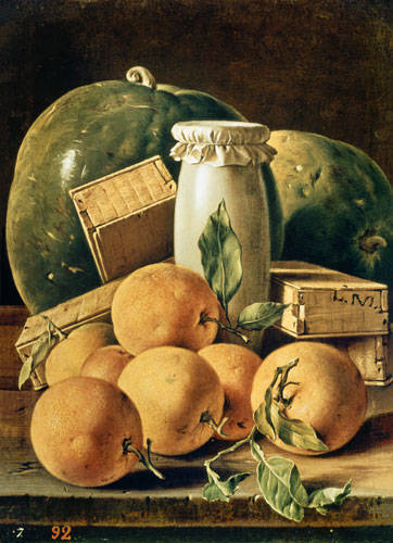 Still Life of Oranges, Watermelon, a Pot and Boxes of Cake de Luis Melendez