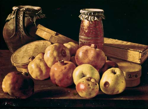 Still Life with Pomegranates, Apples, a Pot of Jam and a Stone Pot de Luis Melendez