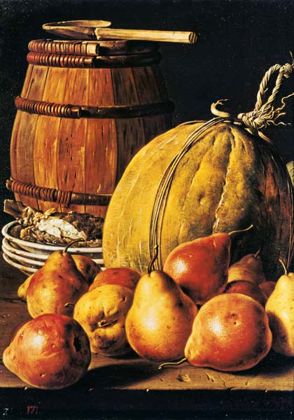 Still Life with pears, melon and barrel for marinading de Luis Egidio Melendez