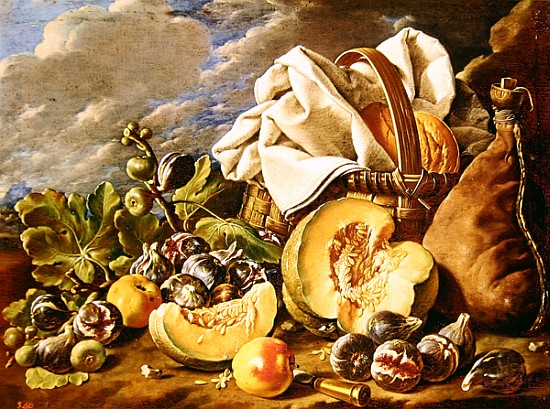 Still Life with figs, wicker basket, pumpkin, bread, wine skin and knife de Luis Egidio Melendez