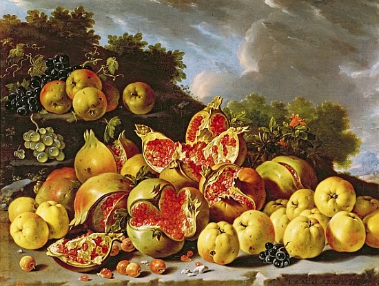 Still Life with pomegranates, apples, cherries and grapes de Luis Egidio Melendez