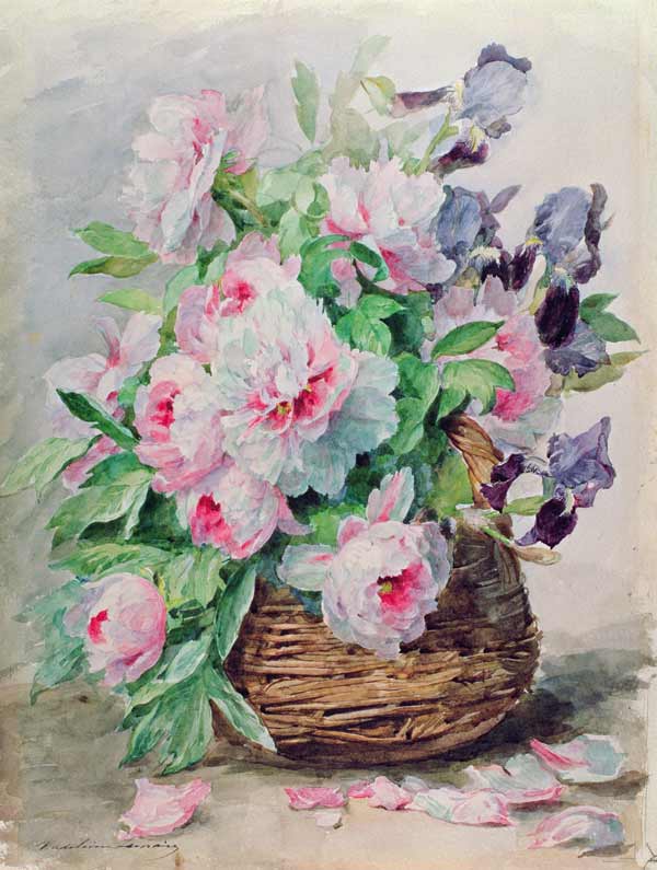 Irises and Peonies in a Basket (w/c and gouache on paper) de Madeleine Lemaire