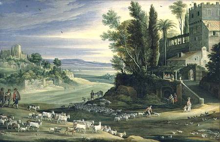 Landscape with Shepherds and the Supper at Emmaus de Maerten Ryckaert